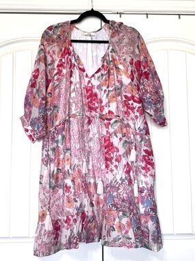 Entro Floral Tassel V-Neck Tunic Dress. Size Large
